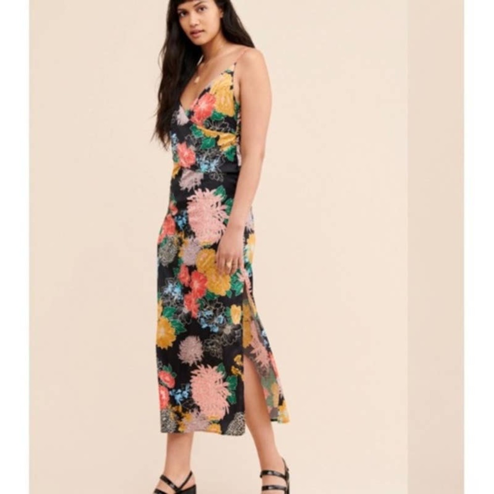 Zhu Hallow Surplice Satin Floral Maxi Dress XL
